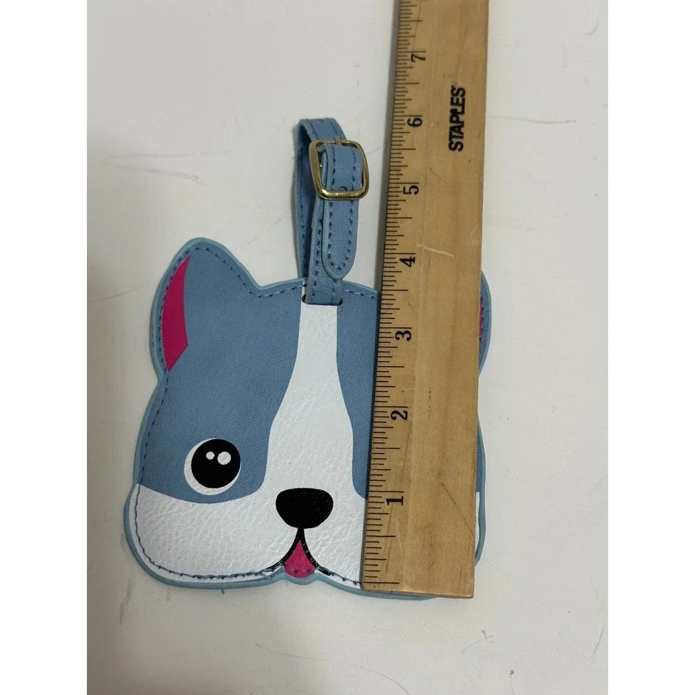 Blue French Bulldog Luggage Tag Faux Leather Puppy Dog Face Travel Bag ID Blue